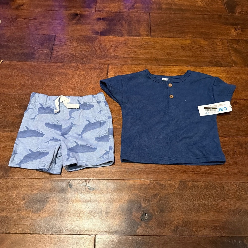 Carter's Boys Whale Print Outfit Shorts Henley Set Navy Blue Summer NEW 9 Months - Picture 2 of 6